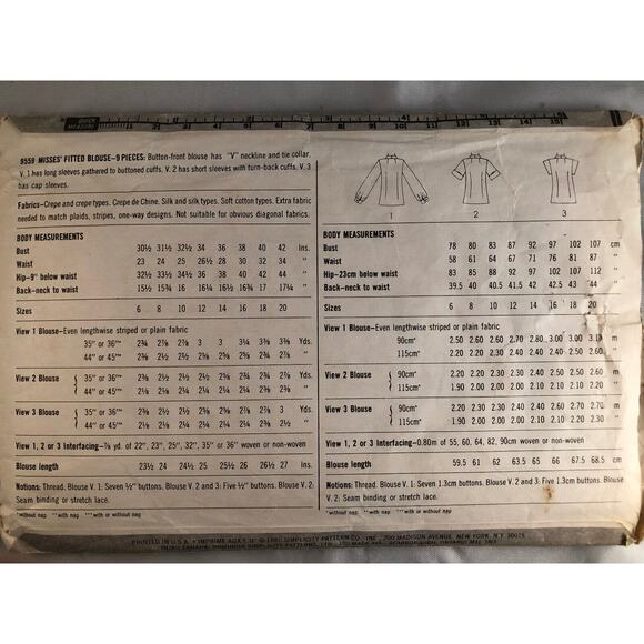 VINTAGE, RETRO, SIMPLICITY, 1980, BLOUSE, #9559, SIZE 12, MISS - Picture 2 of 2